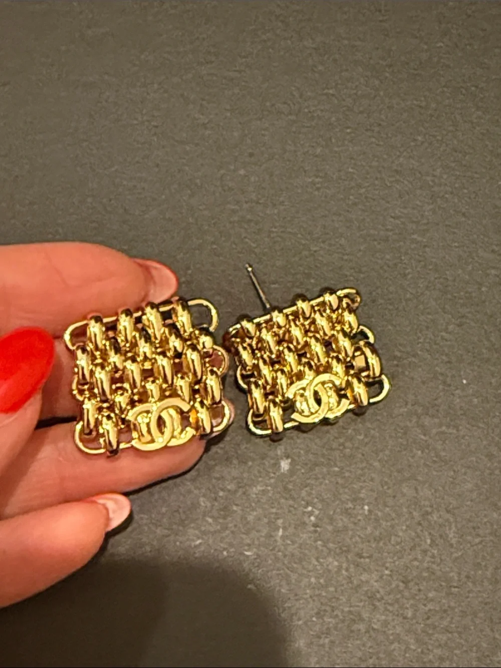 CHANEL Vintage Retro Gold Chain Weave Square Stud Earrings